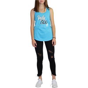 Indy 500 Womens Distressed Script Racerback Tank Top, Blue, NWT
